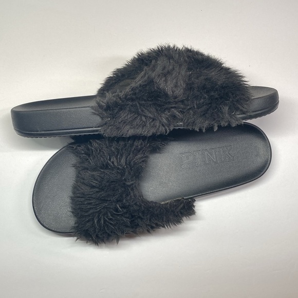 Victoria Secret PINK furry open toe sandal slides 9 - Picture 2 of 4